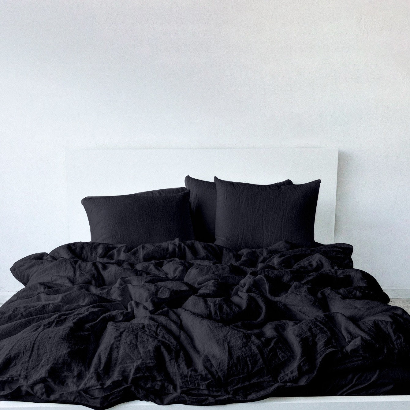 Raw Edged Pure Black - 100% Pure Linen | Linen Cotton Mix | 3 Piece Duvet Cover Set | 4 Piece Sheet Set | Handmade | Pre-washed | Soft-4